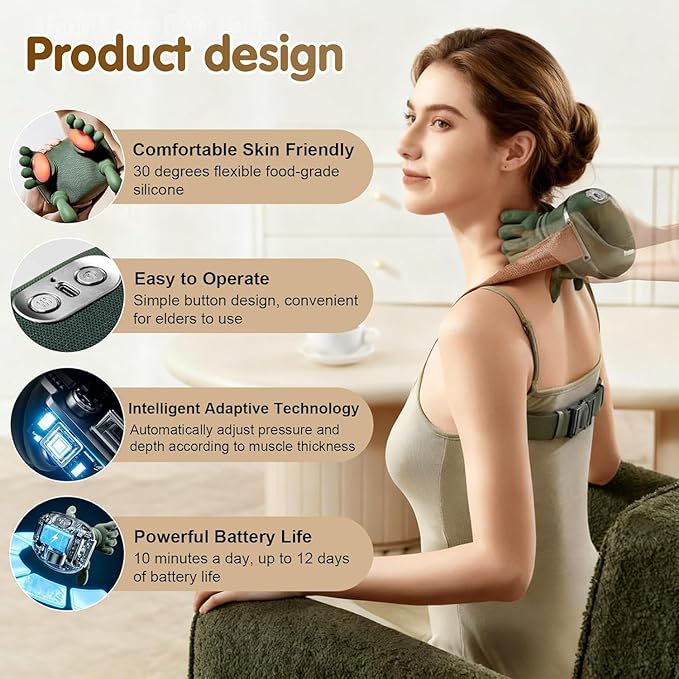 Cordless 4D Shiatsu Neck & Shoulder Massager with Heat | Deep Tissue Kneading Massage Pillow | Rechargeable Pain Relief for Home, Office & Travel